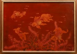 "Goldfish", 20th Century. 35 x 50 cm. Lacquer. Signed lower right. Artist unknown. This work is