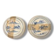 A Pair of 15th century Vietnamese antique Chu Dau Ceramic Cosmetic lidded Boxes. Blue and white hand