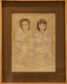 "Two Sisters" by Alix Ayme, 34,5 x 26,5 cm, mixed media on paper. Perfect condition. Alix Ayme (