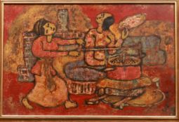 "Two Girls", 20th Century. 40 x 60 cm. Lacquer. Signed lower right. Artist unknown. This work is