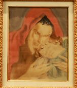 "Family" by Alix Ayme, 42 X 34 cm, ink and color on silk. Perfect condition. Alix Ayme (1894-