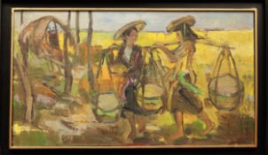 "Street Vendor", 20th Century. 41 x 73 cm. Oil on canvas. Artist unknown. This work is attributed to
