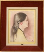 "Portrait of a Young Woman" by Tu Duyen, 36.5 x 29 cm, Ink and color on silk. Signed Tu Duyen with a