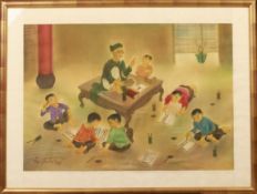 "Studying" by Nguyen Hue, 48 x 68 cm, Ink and color on silk. Signed in the lower left corner: Nguyen