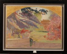 Pagoda Landscape by Jean Louis Paguenaud, 38 x 50 cm, Oil on cardboard. Signed lower right, good