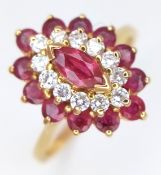 A BEAUTIFUL DIAMOND AND RUBY RING SET IN 18K GOLD . 4gms size O