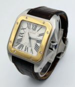 A Vintage Cartier Santos 100 Automatic Gents Watch. Brown leather strap with Cartier Stainless steel