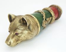 A Russian Style Nephrite Jade Parasol Handle, mounted with a silver-gilt bear head with red stone