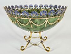 A Magnificent 15K Solid Gold, Nephrite Jade, Diamond and Plique-à-Jour Enamel Russian Style Bowl
