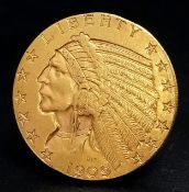 A 1909, DENVER MINT, INDIAN HEAD, 5 DOLLAR COIN. TOTAL WEIGHT 8.3G. C 5001