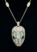 A W.G.I Certified Stunning 18K Yellow Gold, Diamond and Emerald Panther Head Pendant - Presented