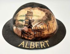 Somme Battlefield Found British Brodie Helmet with Post War Painting of Albert during the War.