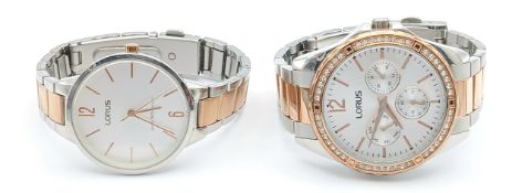 A Pair Of Lorus 2 Tone Bracelet Watches. One Being Stone Set. In Full Working Order. New Batteries