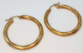 Traditional Pair of 9 CARAT GOLD ‘BARLEY TWIST’ HOOP EARRINGS. 1.9 Grams. 3.0 cm Diameter.