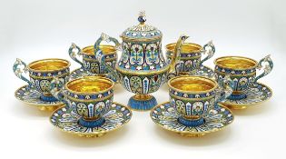 A Large Russian Style Enamelled Silver Gilt Tea Set. Comprising: one tea pot (approx 18cm height),