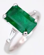 An 18K White Gold and Emerald Cocktail Ring - A 1.8ct Zambian, Rectangular Cut, Centre Set
