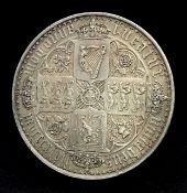 An 1847 Queen Victoria Silver Gothic Proof Crown Coin. UNDECIMO on edge. Obverse - Gothic type bust.