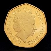 A 2002, QUEEN ELIZABRTH II, 22K, UK 50 PENCE PIECE, PROOF CONDITION COIN. 15.7G. 22K GOLD. C 6008