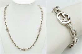 A Set of Sterling Silver Gucci Interlocking G Chain Necklace and Bracelet - 19cm, 46g. Chain - 48cm,