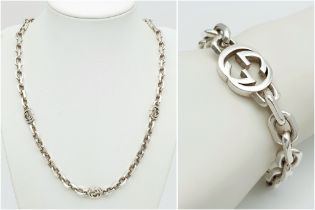 A Set of Sterling Silver Gucci Interlocking G Chain Necklace and Bracelet - 19cm, 46g. Chain - 48cm,