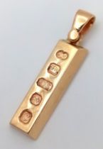 A 9K YELLOW GOLD, INGOT PENDANT. FULLY HALLMARKED TO THE FRONT. HALLMARKED BIRMINGHAM 1977. 4G. SC