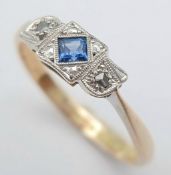AN 18K YELLOW GOLD AND PLATINUM, ANTIQUE, DIAMOND AND SAPPHIRE RING. 2.4G, SIZE M. SC 6067