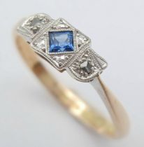 AN 18K YELLOW GOLD AND PLATINUM, ANTIQUE, DIAMOND AND SAPPHIRE RING. 2.4G, SIZE M. SC 6067