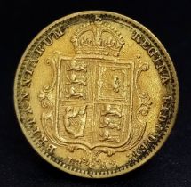 AN 1892, QUEEN VICTORIA, JUBILEE HEAD, SHIELD BACK, HALF SOVEREIGN COIN. 22K GOLD. 9724 - 5.