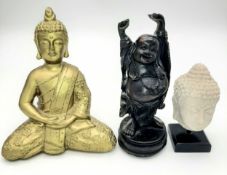 A Collection of Three Buddhas.. Comprising 1) A Vintage Hand Carved Hard Wood Buddha 15cm Tall, 2) A
