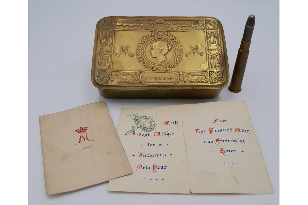 WW1 Princess Mary Tin with Bullet Pencil and Christmas Card (missing the back cover). UK Mainland - Bild 1 aus 6