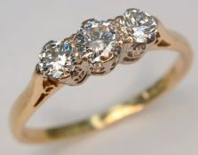 AN 18K YELLOW GOLD, 3 STONE DIAMOND RING. 0.40CTW. 2G, SIZE K. SPSA 7002