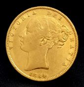 AN 1864, QUEEN VICTORIA, YOUNG BUN HEAD, SHIELD BACK, FULL SOVEREIGN COIN. 22K GOLD. C 7007