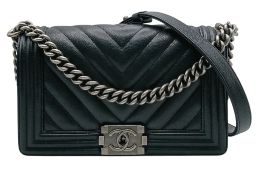 A Chanel Chevron Quilted Medium Boy Flap Shoulder Bag. Black chevron quilted lambskin leather