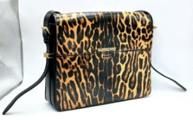A Burberry Grace Leopard Print Shoulder Bag. Leopard-print leather exterior with black leather trim,