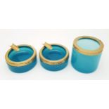 A vintage, Italian, three piece smoking set made of blue Opaline glass with gilded mounts, by Casa