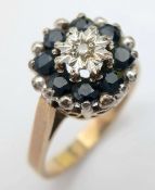 Impressive Vintage 9 CARAT GOLD, SAPPHIRE and DIAMOND RING. Full UK hallmark. 3.6 Grams. Size N 1/