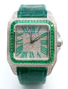 A Cartier Santos 100 Diamond and Emerald 'Hulk' Automatic Gents Watch in Cartier box. Green