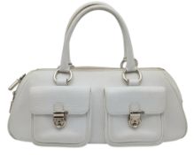 A Burberry White Leather Barrel Handbag. White grained leather exterior with silver-tone hardware,