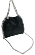 A Black Stella McCartney Falabella Mini Tote Bag. Black faux leather exterior with silver-tone