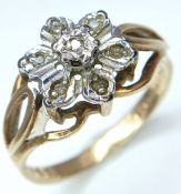Beautiful Vintage 9 CARAT GOLD RING with DIAMONDS set in PLATINUM in Floral Formation. Full UK