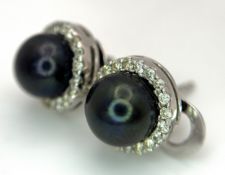 A Pair of 14K White Gold Tahitian Pearl and Diamond Stud Earrings. Beautiful 8mm pearls with diamond