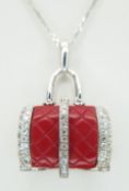 A Wonderful, Quirky 14K White Gold, Diamond and Enamel Handbag Pendant on a 14K White Gold Chain