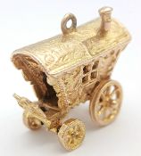 A 9K Yellow Gold, Fancy Carriage Pendant/Charm - with Turning Wheels! 2.5cm. 8.35g.