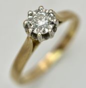 A 9K Yellow Gold Diamond Solitaire Ring. 0.15ct round brilliant cut diamond. Size P. 2.25g total