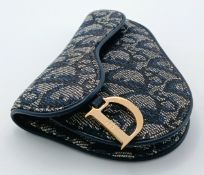 A Christian Dior Navy Blue Oblique Saddle Coin Purse. Navy blue and cream Dior Oblique jacquard
