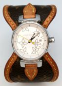 A Louis Vuitton Quartz Steel Cased Tambour Watch - Features a white multi-flower dial and