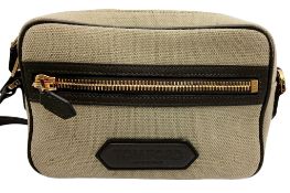 A Tom Ford Leather-Trimmed Canvas Messenger/Crossbody Bag. Beige-green canvas exterior with