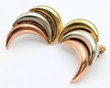 A Pair of Italian Tri-Coloured Gold Crescent Earrings. 2.5cm. 7g.