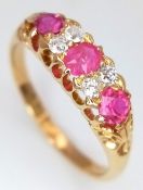 An Absolutely Stunning Antique 18K Gold, Ruby and Diamond Ring. Three high-grade rubies with four