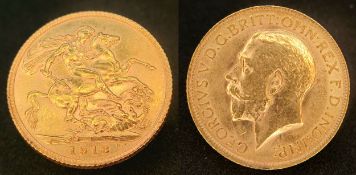 A 1913 George V Full Gold Sovereign Coin. 22K Gold. EF grade.